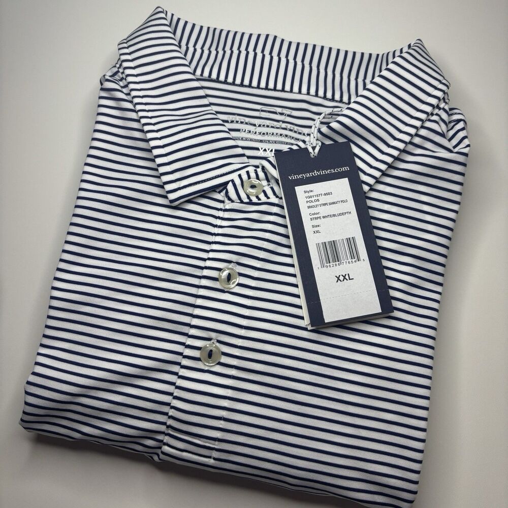 Vineyard Vines Performance Sankaty Golf Polo Blue Bradley‎ Stripe Men's XXL NEW - Picture 2 of 7